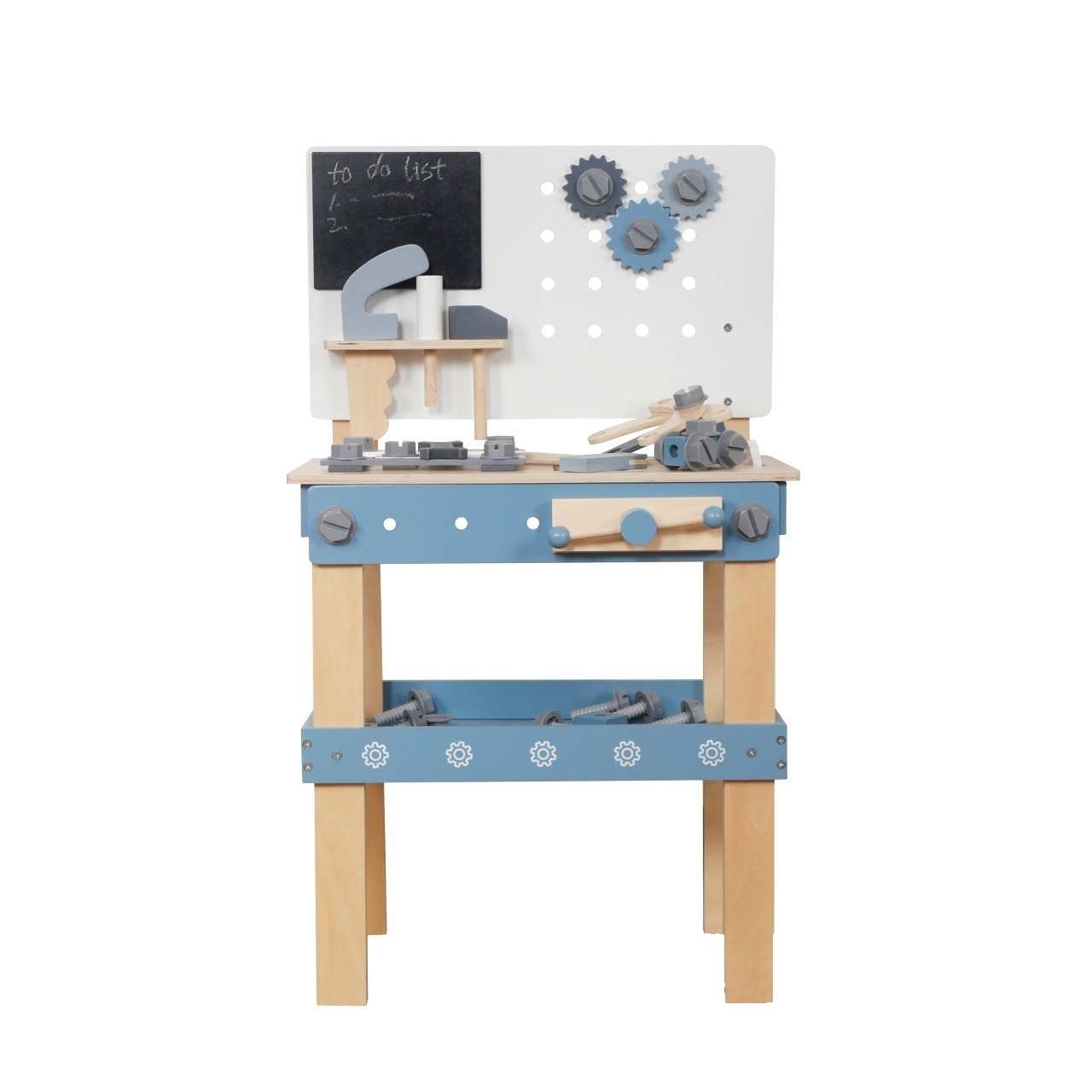 Atelier din lemn pentru copii – material natural cu unelte, albastru, 46×26×67 cm